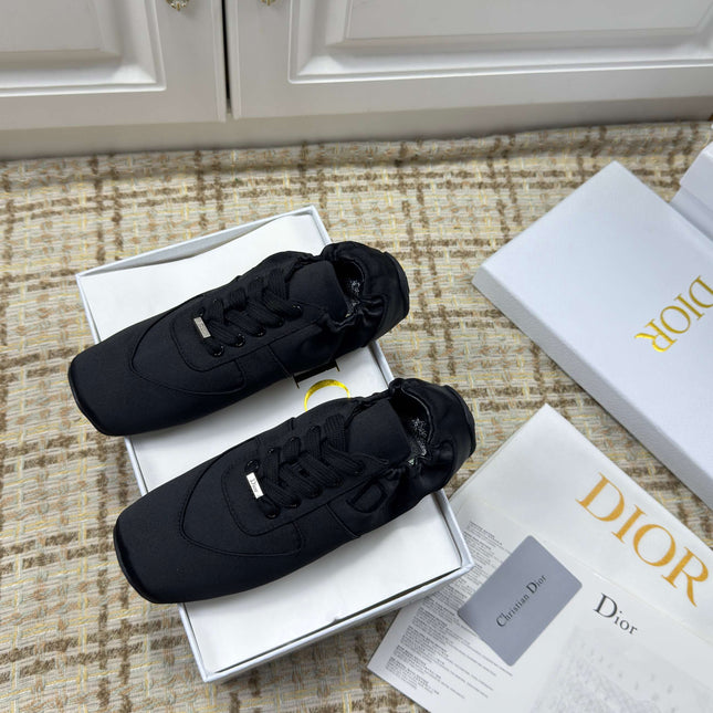 DIOR 26S LOW TOP SNEAKERS IN BLACK SATIN DIOR LOGO