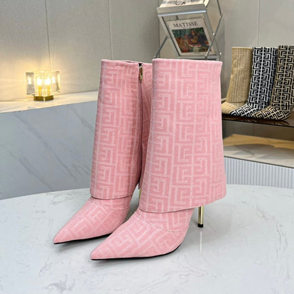 BALMAIN 26S MONOGRAM BOOTS 105 MM IN LIGHT PINK JACQUARD-WOVEN CANVAS