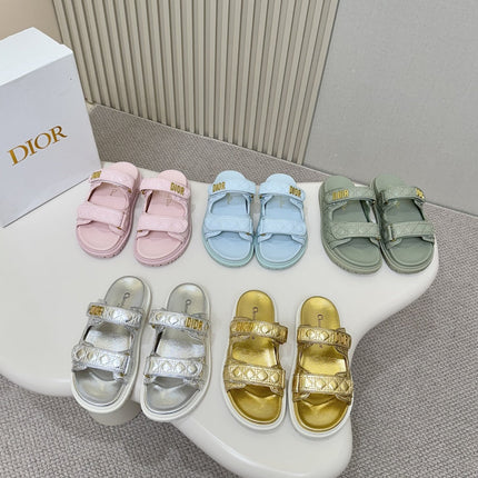 DIOR CLASSIC DOUBLE-STRAP SLIDES 25S IN PALE TEAL GRAY CALFSKIN