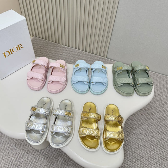 DIOR CLASSIC DOUBLE-STRAP SLIDES 25S IN PALE TEAL GRAY CALFSKIN