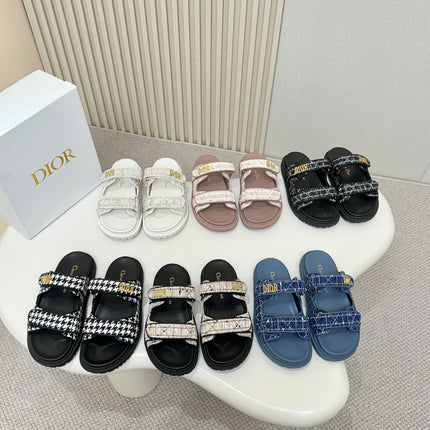 DIOR CLASSIC DOUBLE-STRAP SLIDES 25S IN SOFT ROSE BEIGE TWEED AND BLACK CALFSKIN