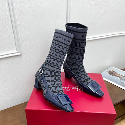 BELLE VIVIER SOCK LACQUERED BUCKLE ANKLE BOOTS IN NAVY BLUE CALFSKIN AND TECHNICAL FABRIC