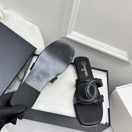 CHANEL CC LOGO MULES IN BLACK CALFSKIN