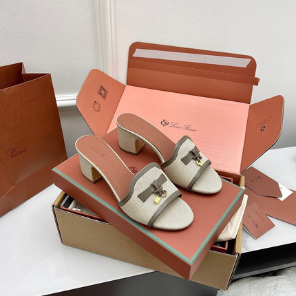 LP 26S HIGH HEEL SANDALS IN LIGHT BEIGE CANVAS AND GREY CALFSKIN