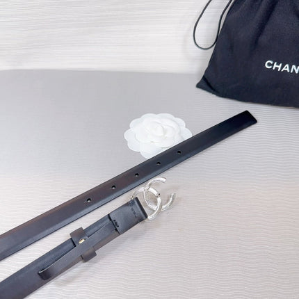 CC BELT 20 MM IN BLACK SMOOTH CALFSKIN SILVER HARDWARE ATTACH RHINSTONE