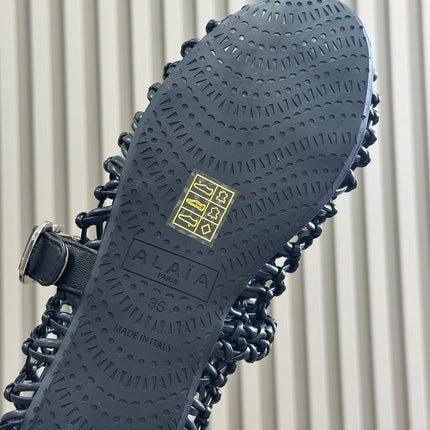 ALAIA MARY JANE FLATS 25S IN BLACK MESH CALSKIN WITH SILVER HARDWARE