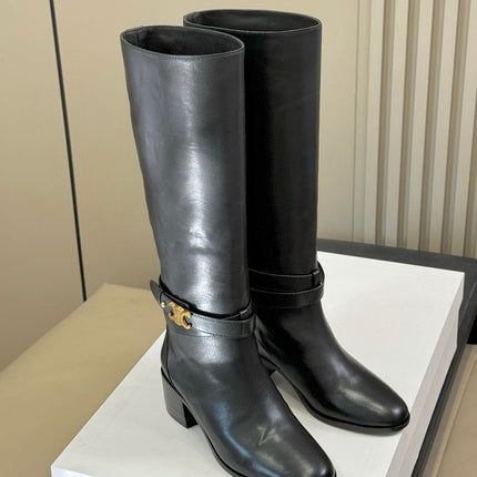 CELINE 26S HIGH-TOP HEELED BOOTS IN BLACK CALFSKIN