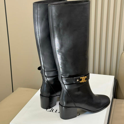 CELINE 26S HIGH-TOP HEELED BOOTS IN BLACK CALFSKIN