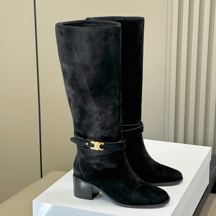 CELINE 26S HIGH-TOP BOOTS IN BLACK SUEDE WITH GOLD HARDWARE