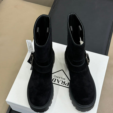 PRADA 25S PLATFORM ANKLE BOOTS IN BLACK SUEDE WITH SILVER HARDWARE