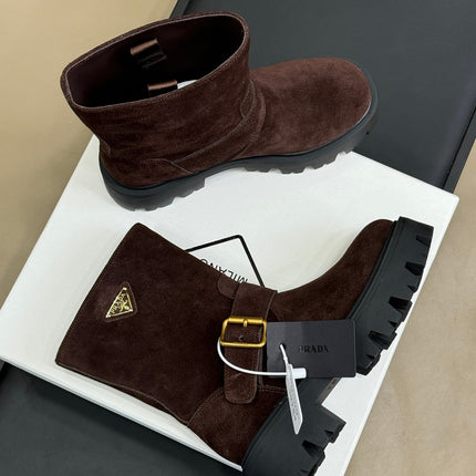 PRADA 25S PLATFORM ANKLE BOOTS IN DARK BROWN SUEDE WITH GOLD HARDWARE