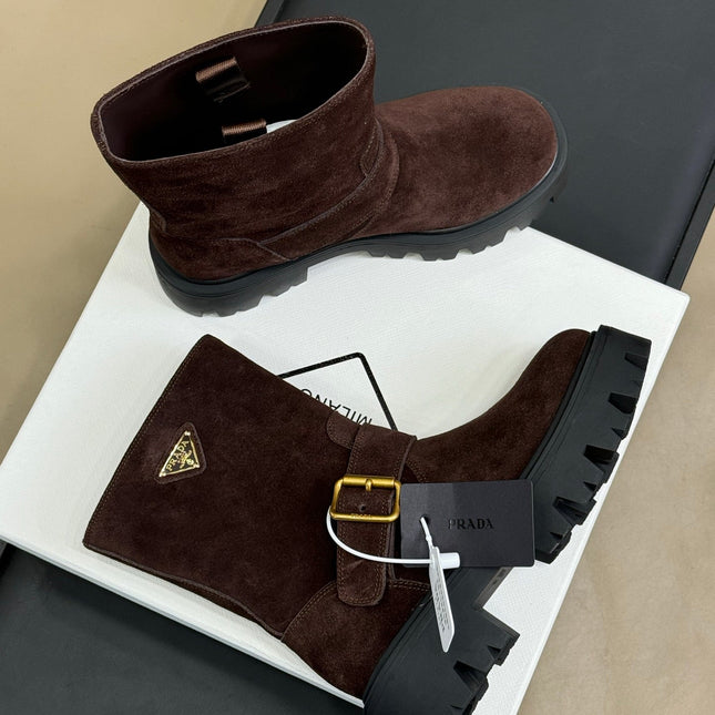 PRADA 25S PLATFORM ANKLE BOOTS IN DARK BROWN SUEDE WITH GOLD HARDWARE