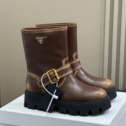 PRADA 25S PLATFORM ANKLE BOOTS IN DARK BROWN CALFSKIN WITH GOLD HARDWARE