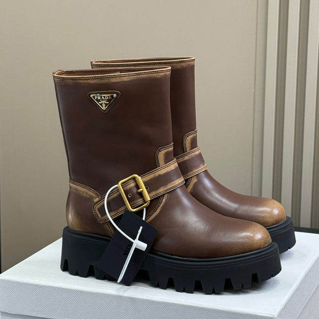 PRADA 25S PLATFORM ANKLE BOOTS IN DARK BROWN CALFSKIN WITH GOLD HARDWARE