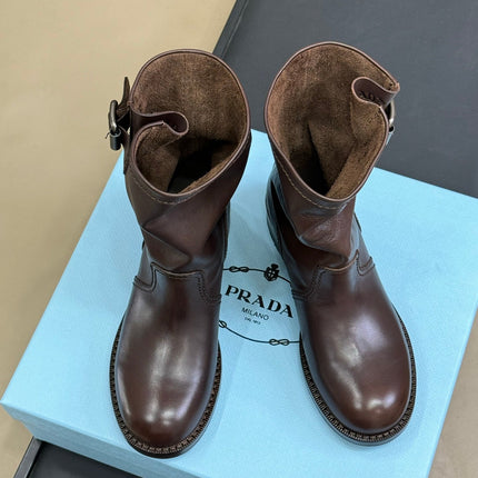PRADA 25S ANKLE BOOTS IN BROWN CALFSKIN