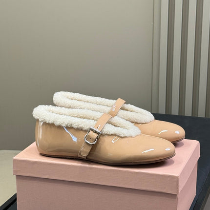 ALAIA 25S MARY JANE SHEARLING FLATS IN DARK NUDE GLOSSY CALFSKIN