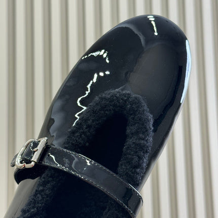 ALAIA 25S MARY JANE SHEARLING FLATS IN BLACK GLOSSY CALFSKIN