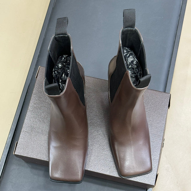 ALAIA 25S ANKLE HIGH-HEELED BOOTS IN BROWN CALFSKIN AND CANVAS