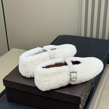 ALAIA 25S COZY MARY JANE SHEARLING FLATS IN WHITE