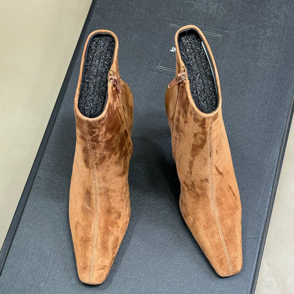 YSL 26S HEELED BOOTS IN LIGHT BROWN SUEDE