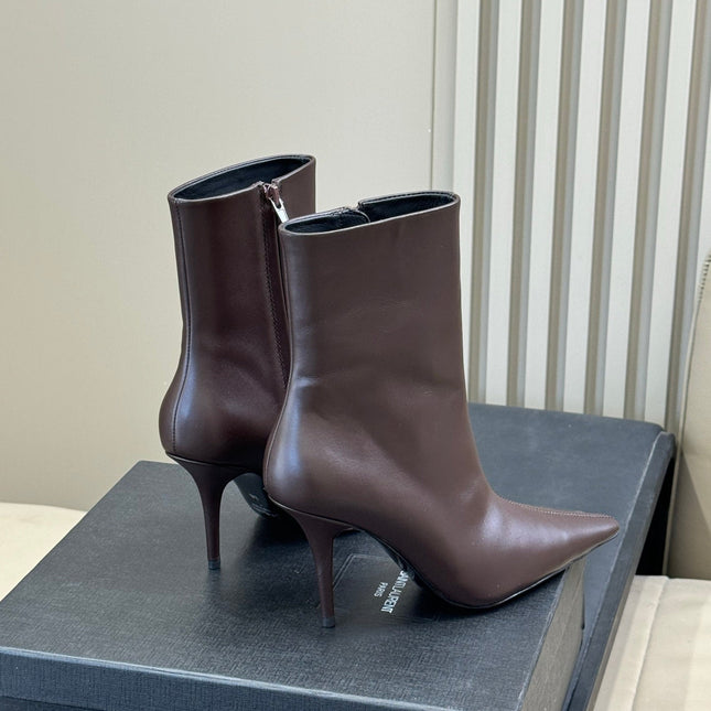 YSL 26S ZIPPERED HEELED BOOTS IN DUSTY BROWN CALFSKIN