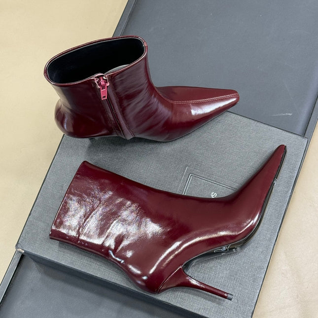 YSL 26S ZIPPERED HEELED BOOTS IN DARK RED SHINY CALFSKIN
