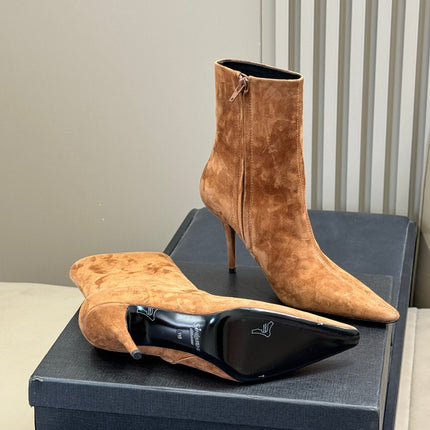 YSL 26S ZIPPERED HEELED BOOTS IN LIGHT BROWN SUEDE