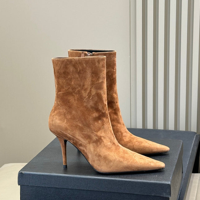YSL 26S ZIPPERED HEELED BOOTS IN LIGHT BROWN SUEDE
