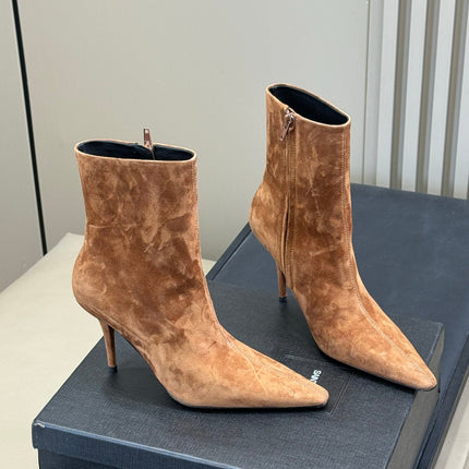 YSL 26S ZIPPERED HEELED BOOTS IN LIGHT BROWN SUEDE