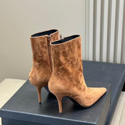 YSL 26S ZIPPERED HEELED BOOTS IN LIGHT BROWN SUEDE