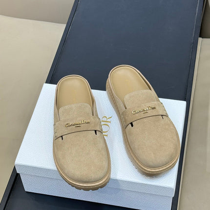 DIOR 26S BOY MULE IN DARK BEIGE SUEDE GOLD HARDWARE