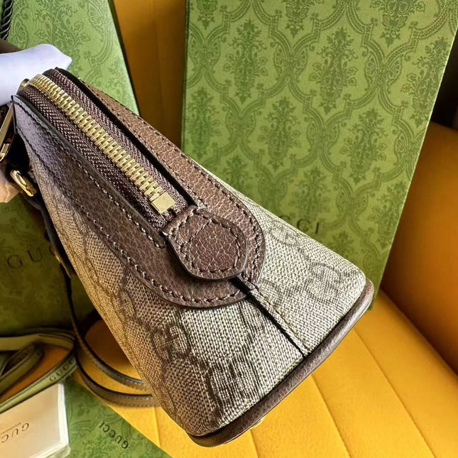 OPHIDIA 31 SMALL TOP HANDLE BAG IN BEIGE CANVAS AND BROWN CALFSKIN