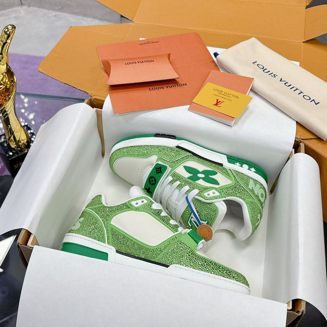 LV 26S TRAINER SNEAKERS IN LIME GREEN WHITE CALFSKIN WITH RHINESTONE