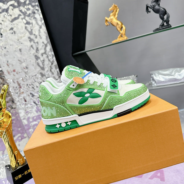 LV 26S TRAINER SNEAKERS IN LIME GREEN WHITE CALFSKIN WITH RHINESTONE