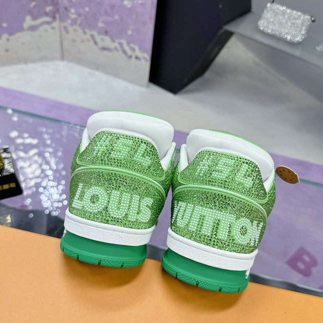 LV 26S TRAINER SNEAKERS IN LIME GREEN WHITE CALFSKIN WITH RHINESTONE