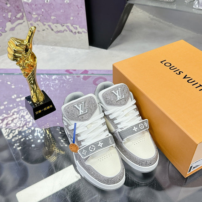 LV 26S TRAINER SNEAKERS IN WHITE GREY CALFSKIN WITH RHINESTONE