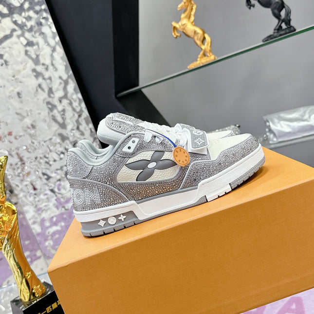 LV 26S TRAINER SNEAKERS IN WHITE GREY CALFSKIN WITH RHINESTONE