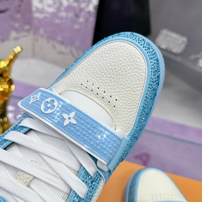 LV 26S TRAINER SNEAKERS IN SKY BLUE WHITE CALFSKIN WITH RHINESTONE