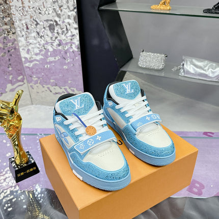 LV 26S TRAINER SNEAKERS IN SKY BLUE WHITE CALFSKIN WITH RHINESTONE