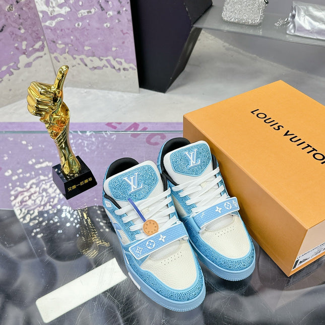 LV 26S TRAINER SNEAKERS IN SKY BLUE WHITE CALFSKIN WITH RHINESTONE