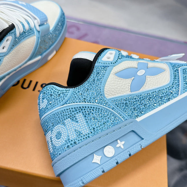 LV 26S TRAINER SNEAKERS IN SKY BLUE WHITE CALFSKIN WITH RHINESTONE