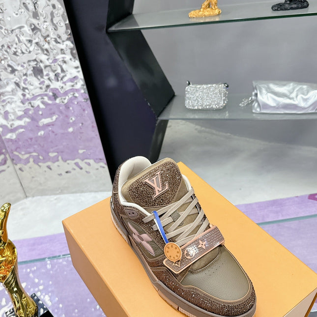 LV 26S TRAINER SNEAKERS IN BEIGE BROWN CALFSKIN WITH RHINESTONE