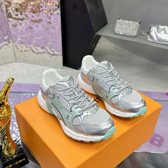 LV SNEAKERS IN SILVER AND GREEN MESH MIX CALFSKIN
