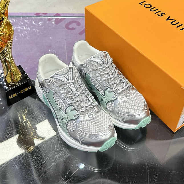 LV SNEAKERS IN SILVER AND GREEN MESH MIX CALFSKIN
