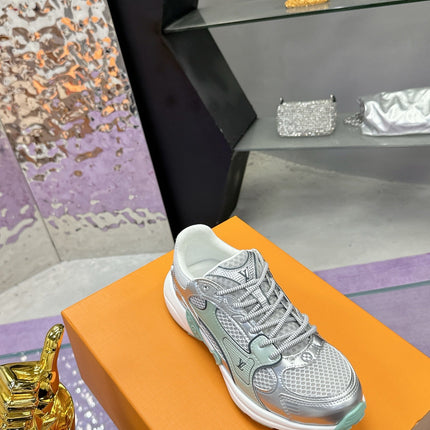 LV SNEAKERS IN SILVER AND GREEN MESH MIX CALFSKIN