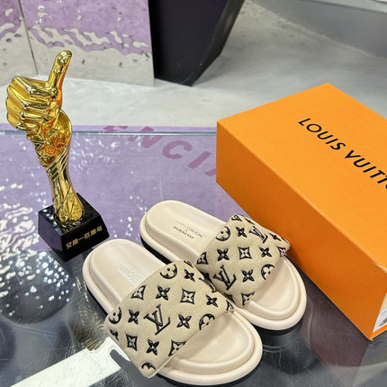 LV 26S POOL PILLOW SLIDES IN BEIGE BLACK MONOGRAM DENIM AND CALFSKIN