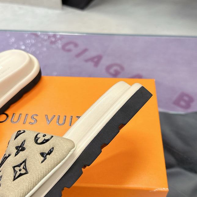 LV 26S POOL PILLOW SLIDES IN BEIGE BLACK MONOGRAM DENIM AND CALFSKIN