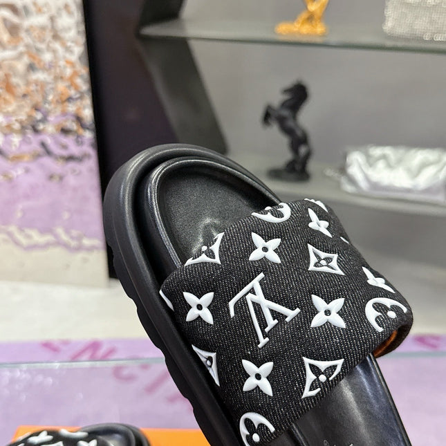 LV 26S POOL PILLOW SLIDES IN BLACK WHITE MONOGRAM DENIM AND CALFSKIN