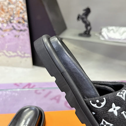 LV 26S POOL PILLOW SLIDES IN BLACK WHITE MONOGRAM DENIM AND CALFSKIN