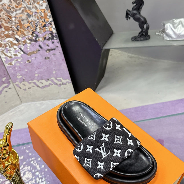 LV 26S POOL PILLOW SLIDES IN BLACK WHITE MONOGRAM DENIM AND CALFSKIN